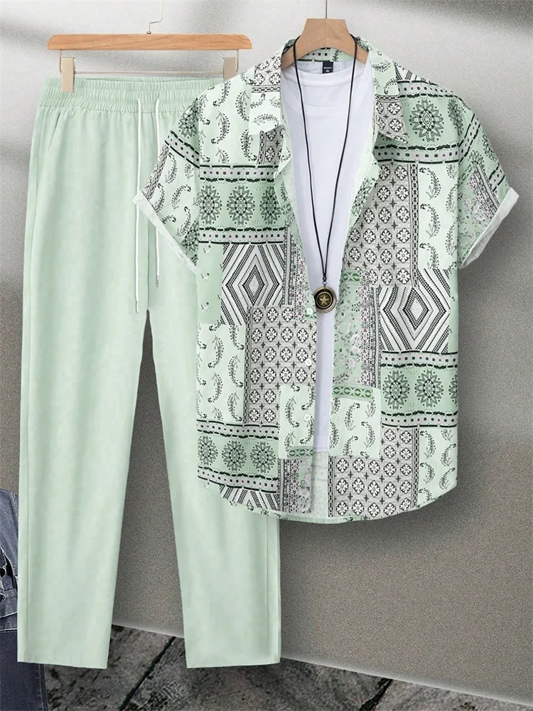 

2025 Autumn Light Green Ethnic-style Printed Short-sleeved Suit, Autumn Warm And Casual Men's Shirt And Long Pants, Daily Casual