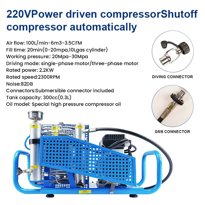 TUXING 4500psi PCP Luchtcompressor 300Bar Viertraps Hogedrukcompressor voor Duiken Duiken Snorkelen Brandbestrijding 100L/min