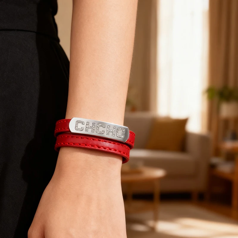 

CH Double Layer Leather Bracelet Titanium Steel Plate with Zircon Multi Color Combinations 43cm Length Fashion Gift for Daily