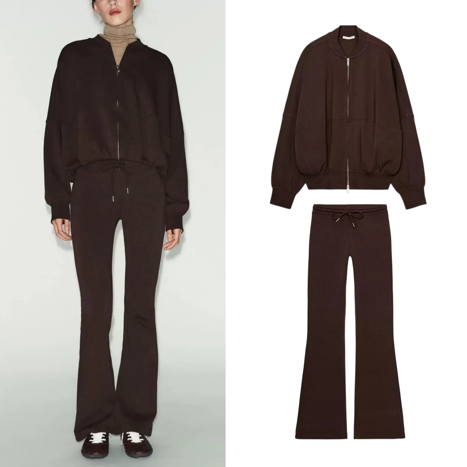 Women's Pilot Jacket Coat Long Sleeve Double-sided Cloth Bell Bottom Pants High Waist Belted Fashion Set Casual Style Autumn ...