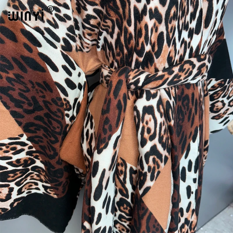 WINYI leopard print Autumn cardigan Africa women clothes maxi jacket coat abaya poncho for women cape loose dress with belt