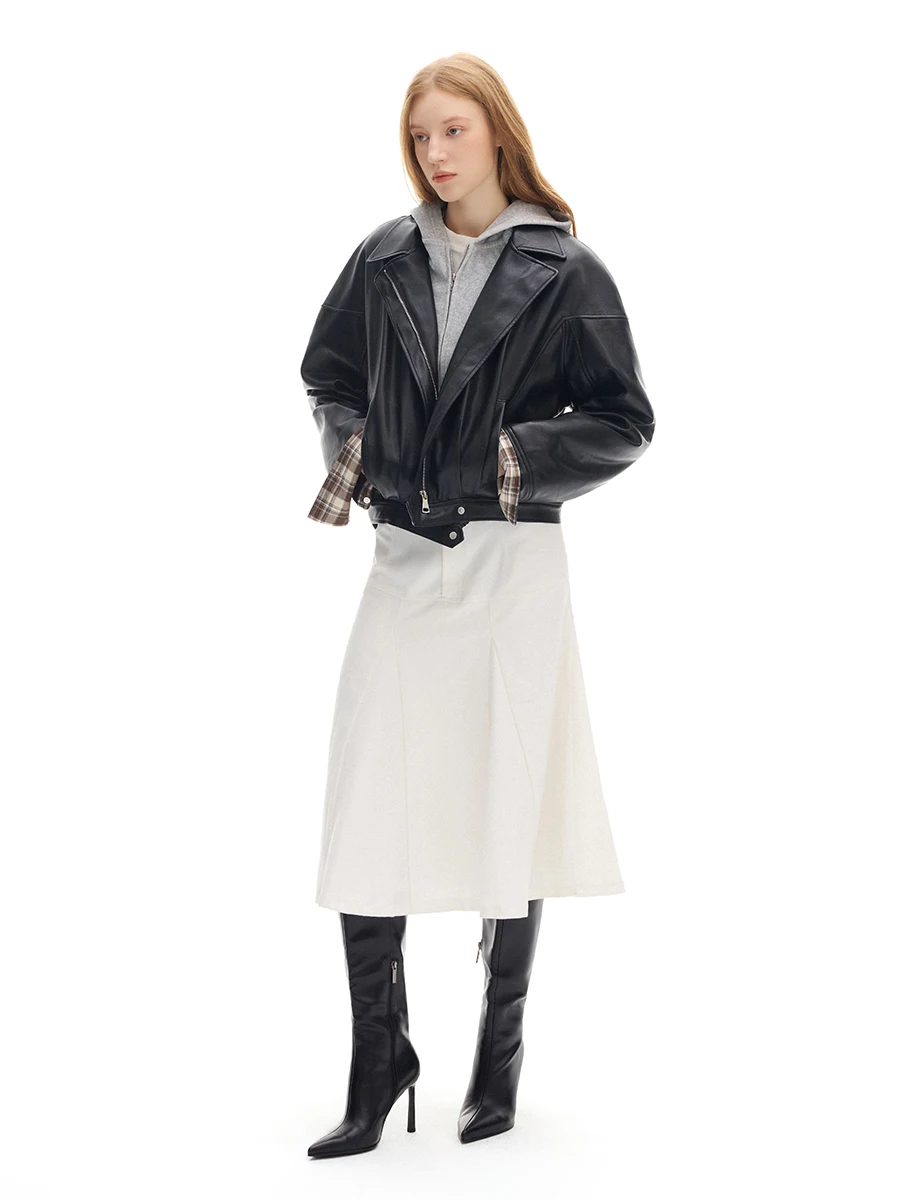 Retro xadrez motociclista couro jaet gola feminina design emenda outerwear couro do plutônio longo sve fechamento com zíper ajuste regular