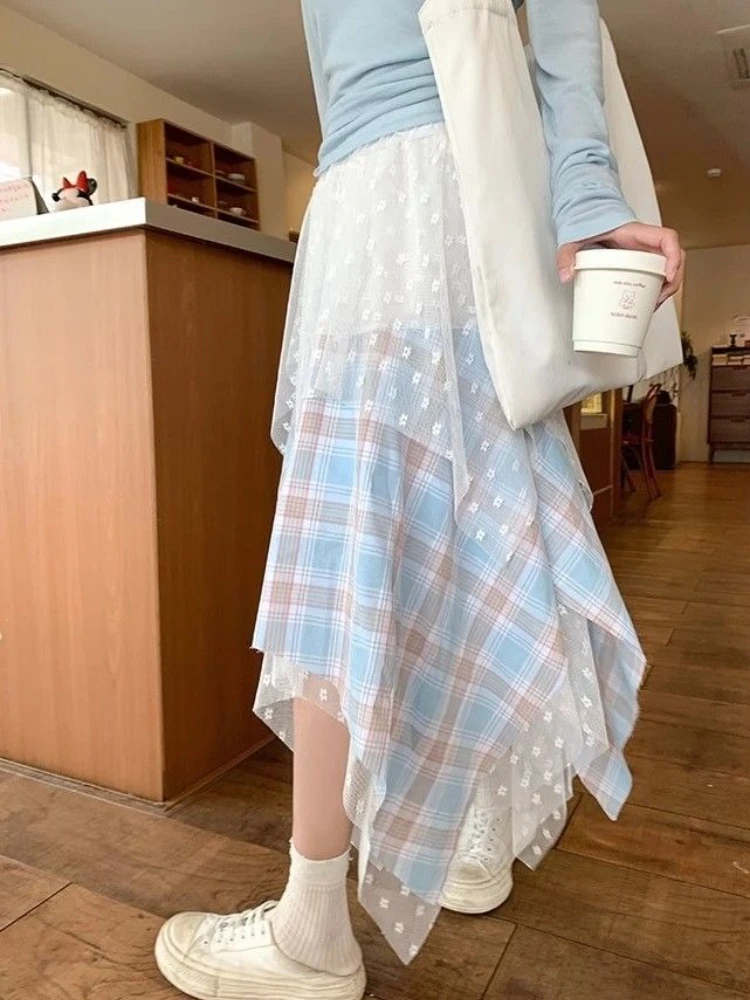 

Korean Fashion Skirt High Waist Irregular Lace Plaid Y2k Aesthetics Vintage Skirts All Match Harajuku Gauze Women Clothing 2025