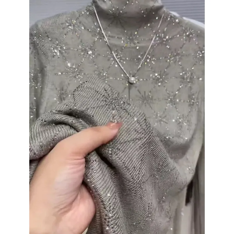 

Женский свитер с высоким воротником и длинными рукавами, осень-зима, новый модный популярный топ со стразами