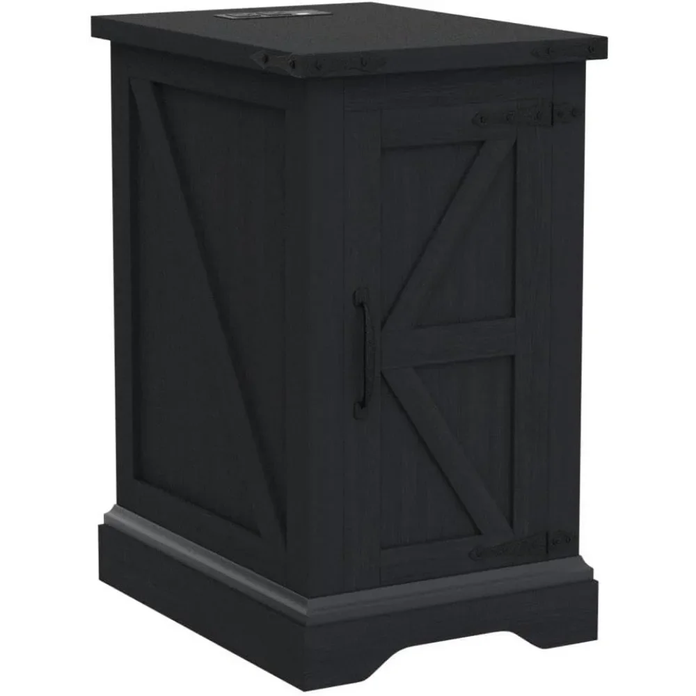 充電ステーション付きナイトスタンド、納屋ドアと調節可能な収納棚付き長方形ファームハウスエンドテーブル