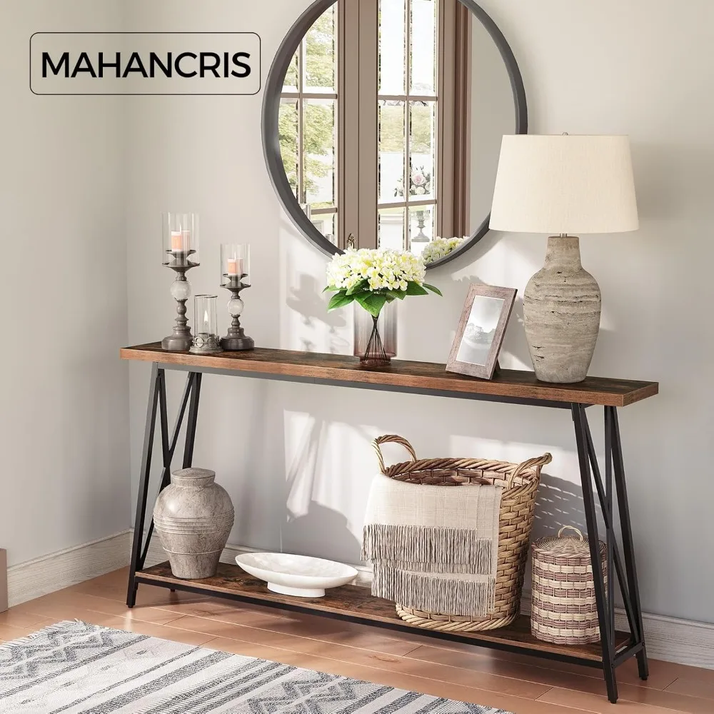 طاولة وحدة التحكم، 63 طاولة مدخل صناعية، طاولة أريكة طويلة جدًا خلف الأريكة، دعم على شكل X، للمدخل، المدخل، المعيشة