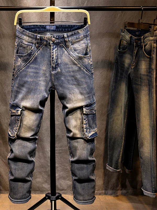 

Мужские джинсовые брюки в стиле ретро, американского кроя, прямые, свободные, с множеством карманов, с эффектом потертости, молодежные, из смесового хлопка