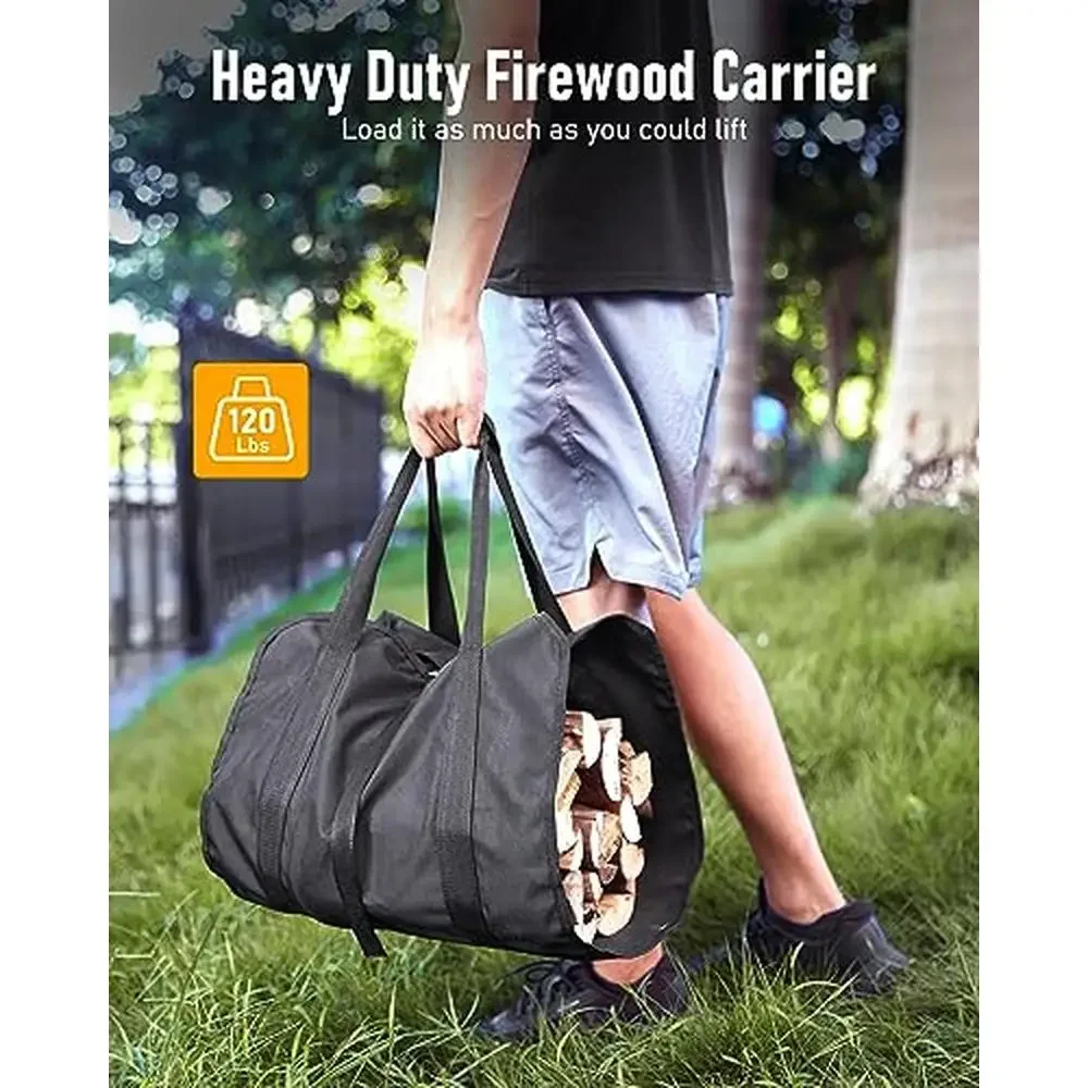 حامل تخزين الحطب مع حقيبة حامل سجل وخطافات قابلة للتعديل في الهواء الطلق/داخلي 34 بوصة رف تخزين الحطب من الفولاذ المتين