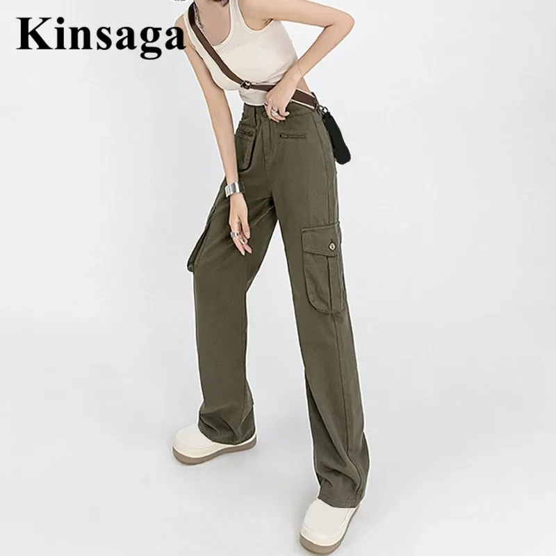 

Grunge Wide Leg Straight Cargo Jeams Tall Girl Green Slouchy Boyfriend Street High Waist Pockets Loose Mopping Overalls Trousers