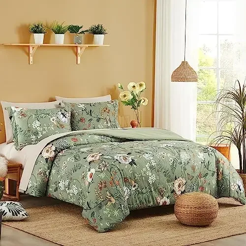 Queen Comforter Set - 7 Pieces Bed in a Bag Queen Green Butterfly Floral Comforter Set with Flowers Leaves Pattern