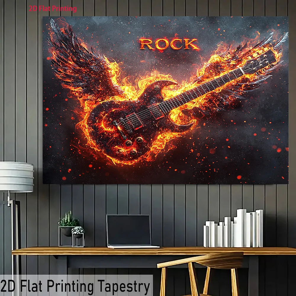 Fiery Electric Guitar Tapestry, Burning Rock Music Wings Wall Hanging for Bedroom Decor, Heavy Metal Art Fabric Poster
