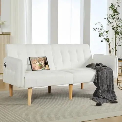 Modern White Faux Leather Upholstered Convertible USB Folding Futon Sofa Bed, 65