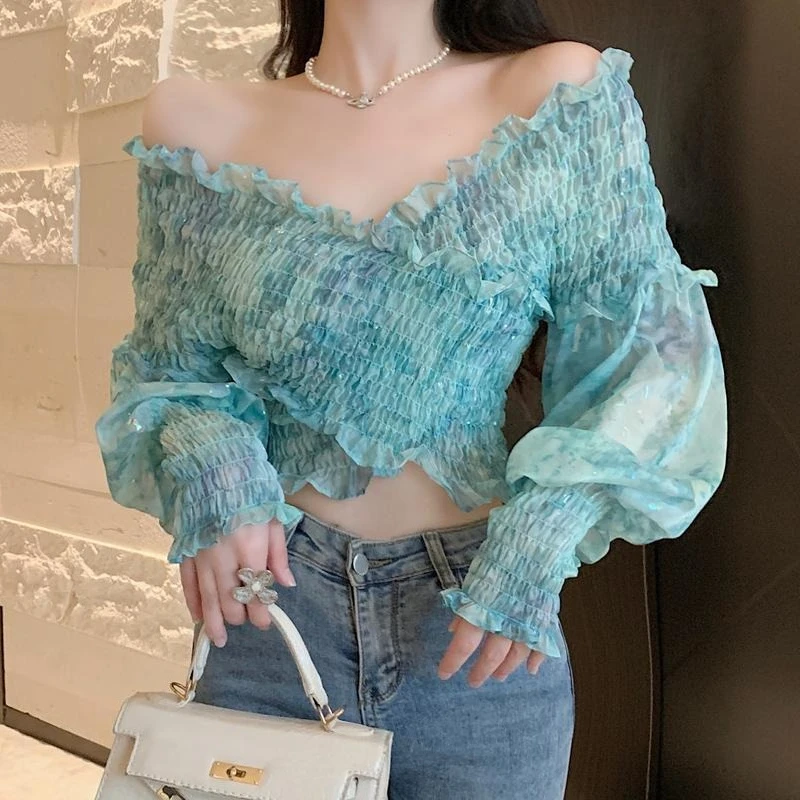 Trendy Off Shoulder Chiffon Shirt 2026 Fashion Puff Sleeve Blouse Spring Summer Party Top for Women