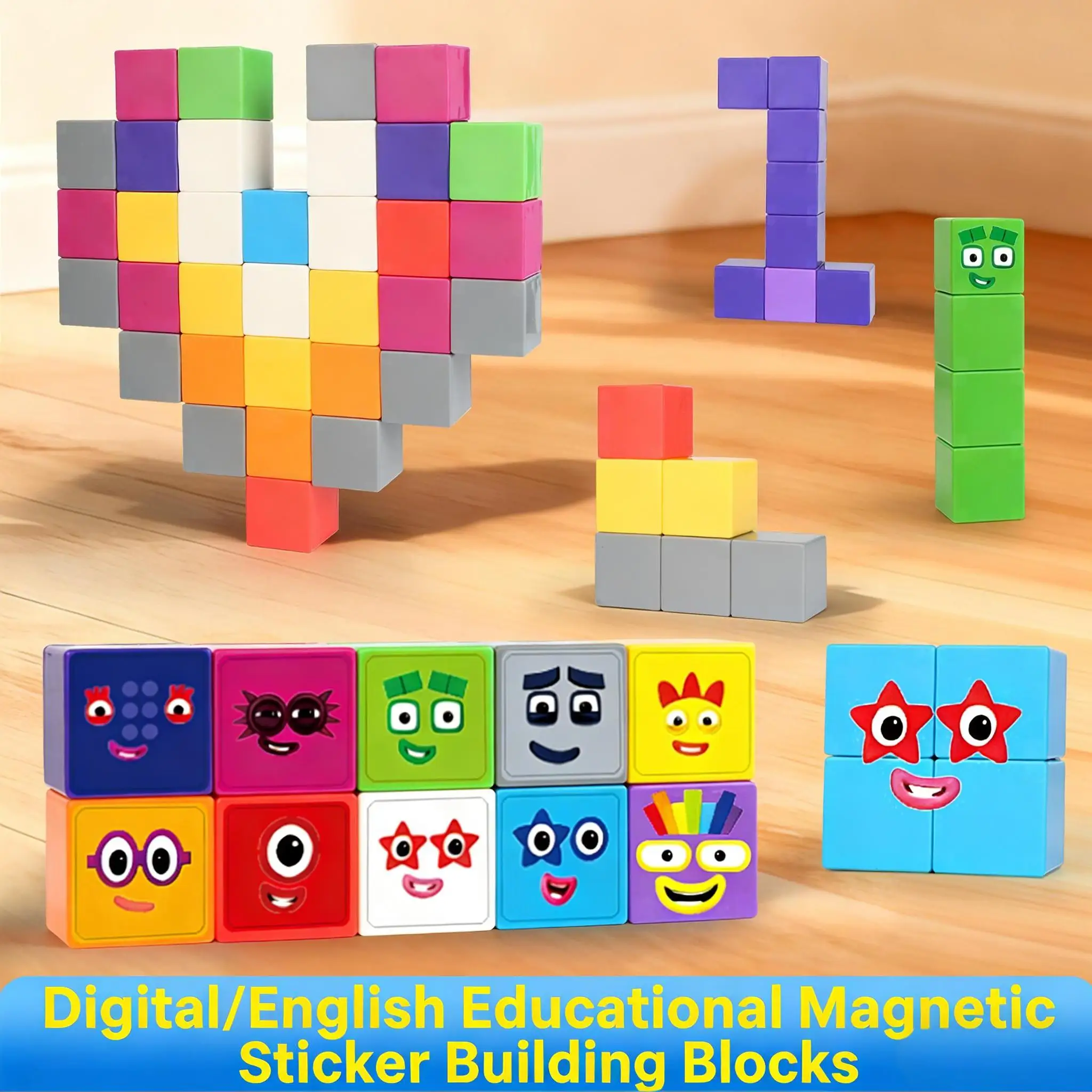 1Set Colorful Magnetic Cube Blocks, Cartoon Math STEM Educational Toy, Toddler Birthday & Christmas Gift