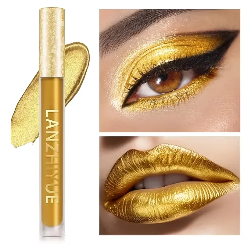 ظل عيون سائل وملمع شفاه 2 في 1 ذهبي اللون، بلمعة لؤلؤية حورية البحر، بريق ملون، مكياج متعدد الاستخدامات للعيون والشفاه