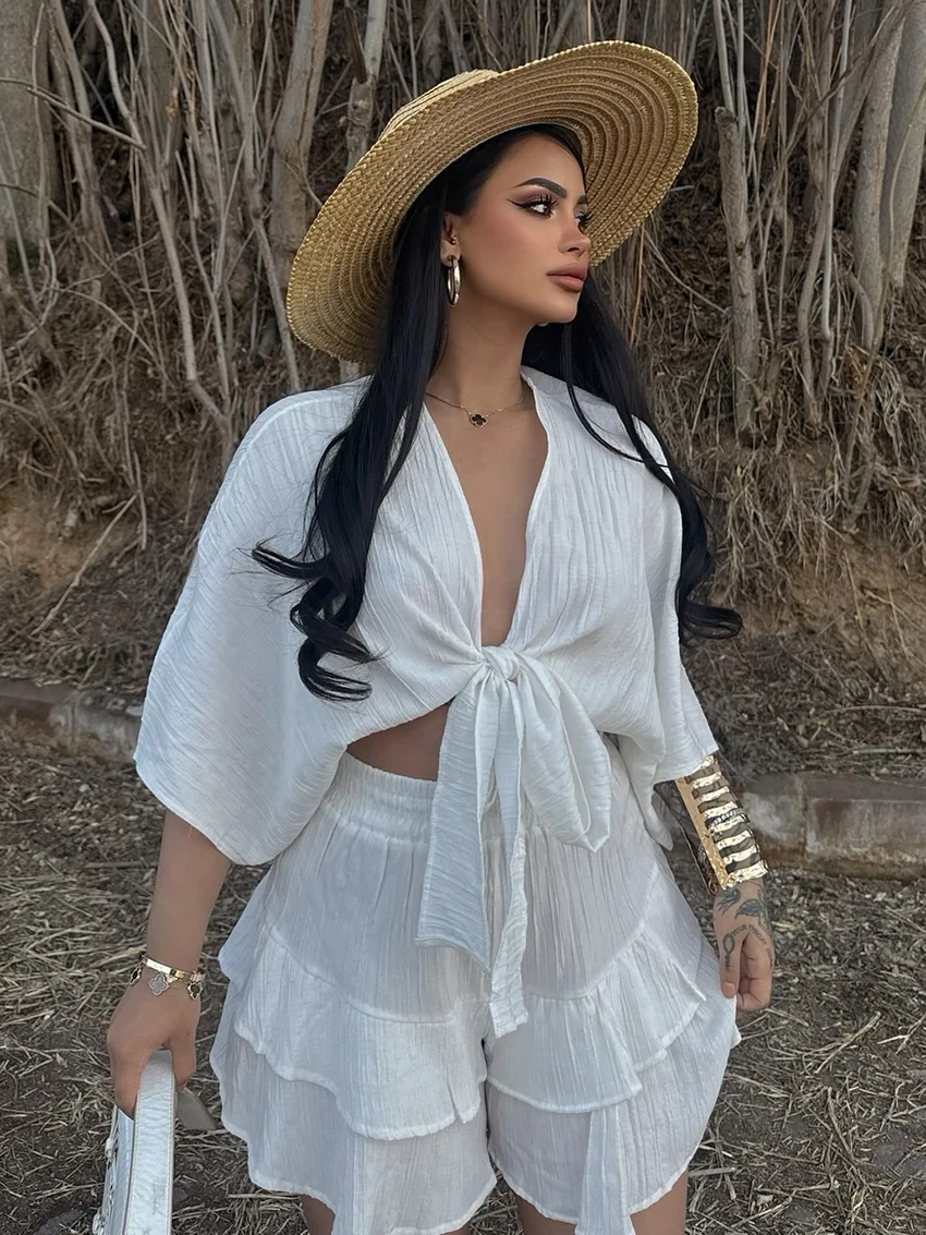 Marthaqiqi Loose Women Sleepwear Set Half Sleeve Pajamas V-Neck Nightwear Crop Top Nightie Shorts Ladies Nightgowns 2 Piece Suit