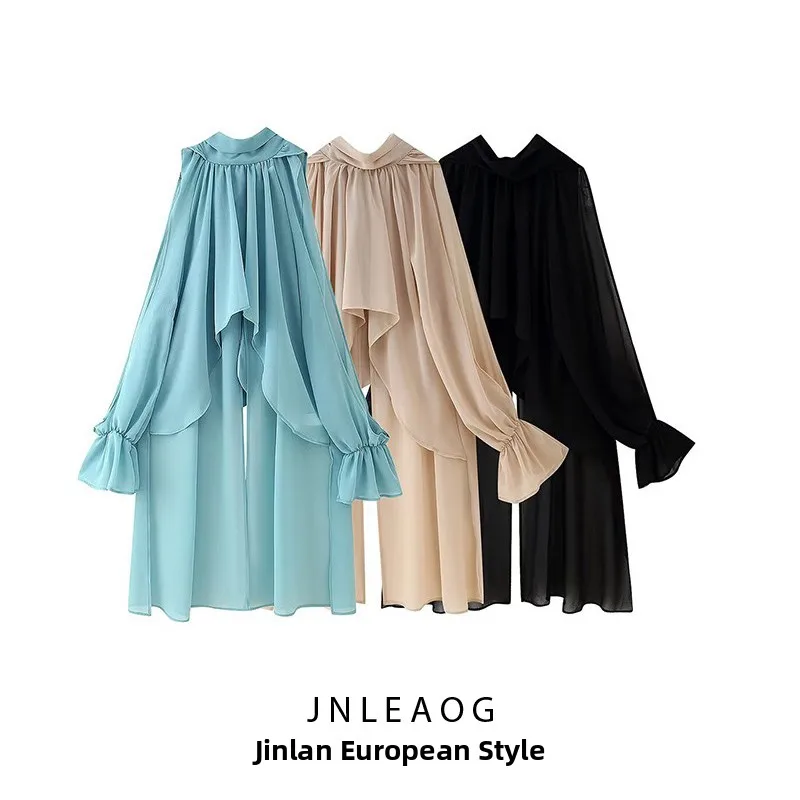 JNLEAOG printemps nouveau femmes Faion Design t-shirt couleur longue en mousseline de soie haut décontracté Sle Polyester Fiber H Version longue Sve