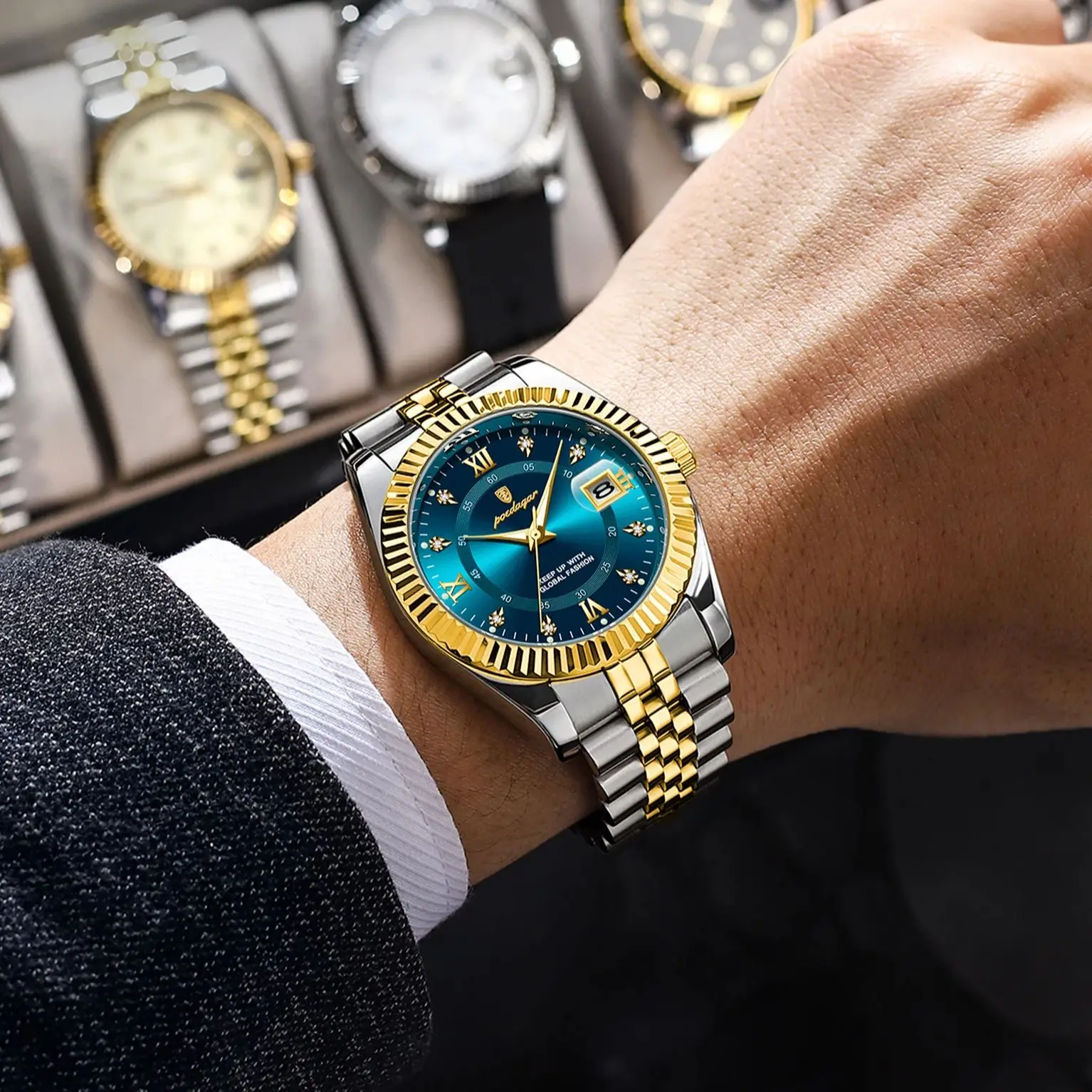 포에다가 최고급 남성용 시계 스테인리스 스틸 날짜 표시 쿼츠 방수 야광 비즈니스 패션 시계 남성용 레로즈