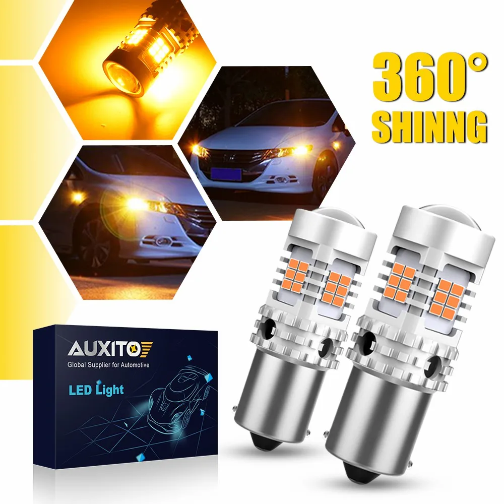2Pcs AUXITO 1156 BAU15S PY21W LED Amber Yellow Canbus Error Free BA15S P21W 7506 LED Bulb Turn Signal Light 12V No Hyper Flash