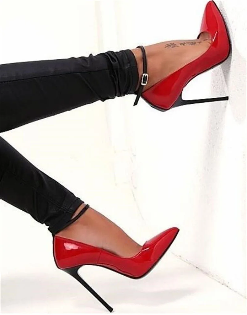 مثير النساء الكاحل حزام خنجر رقيقة كعب مضخات أشار تو 12 سنتيمتر براءات الاختراع والجلود عالية الكعب مختلط الألوان الجلود خليط الأحذية