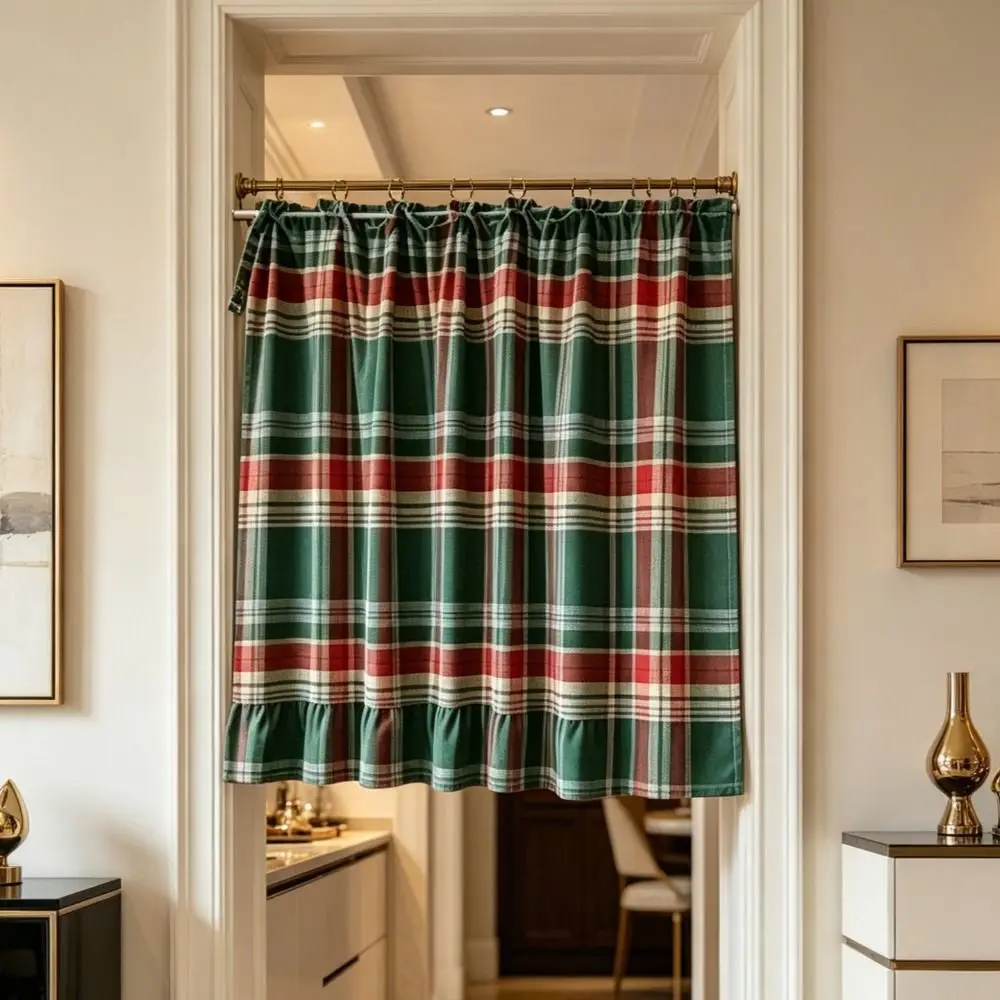Ruffled Edge Farmhouse Plaid Kitchen Oven Skirt No Drilling Cotton Kitchen Stove Cover with Tie Ribbon Kitchen Cabinet Curtain