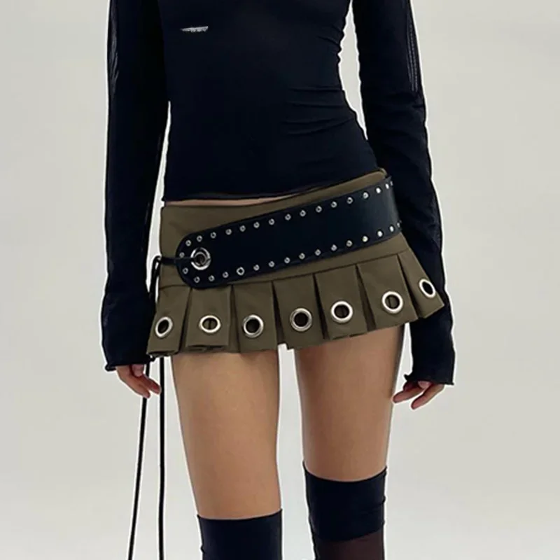 Chic Eyelet Hole Pleated Super Short Skirt with belt Grunge Sexy A-line Skirts  Punk Style Vintage Streetwear Ladies