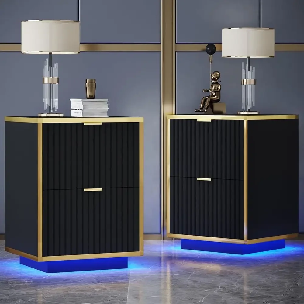 

Black and Gold Nightstand Set o 2, ern Bede Table with LED Lights, End Table or Bedroom Living Room