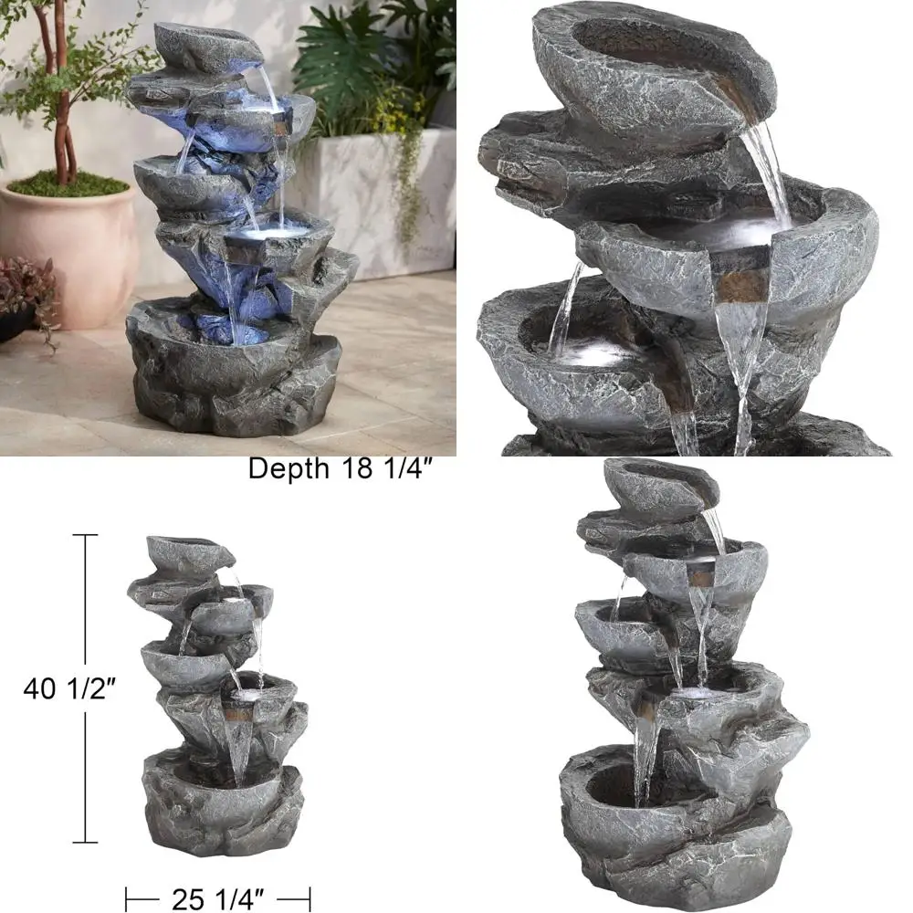 

large zen modern indoor/outdoor decorative gray resin floor fountain, 40.5" tall, with led light and standing waterfall rock wal