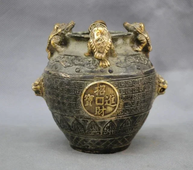 

4-дюймовая китайская резная банка, жаба, льва, благоприятная бронзовая статуя