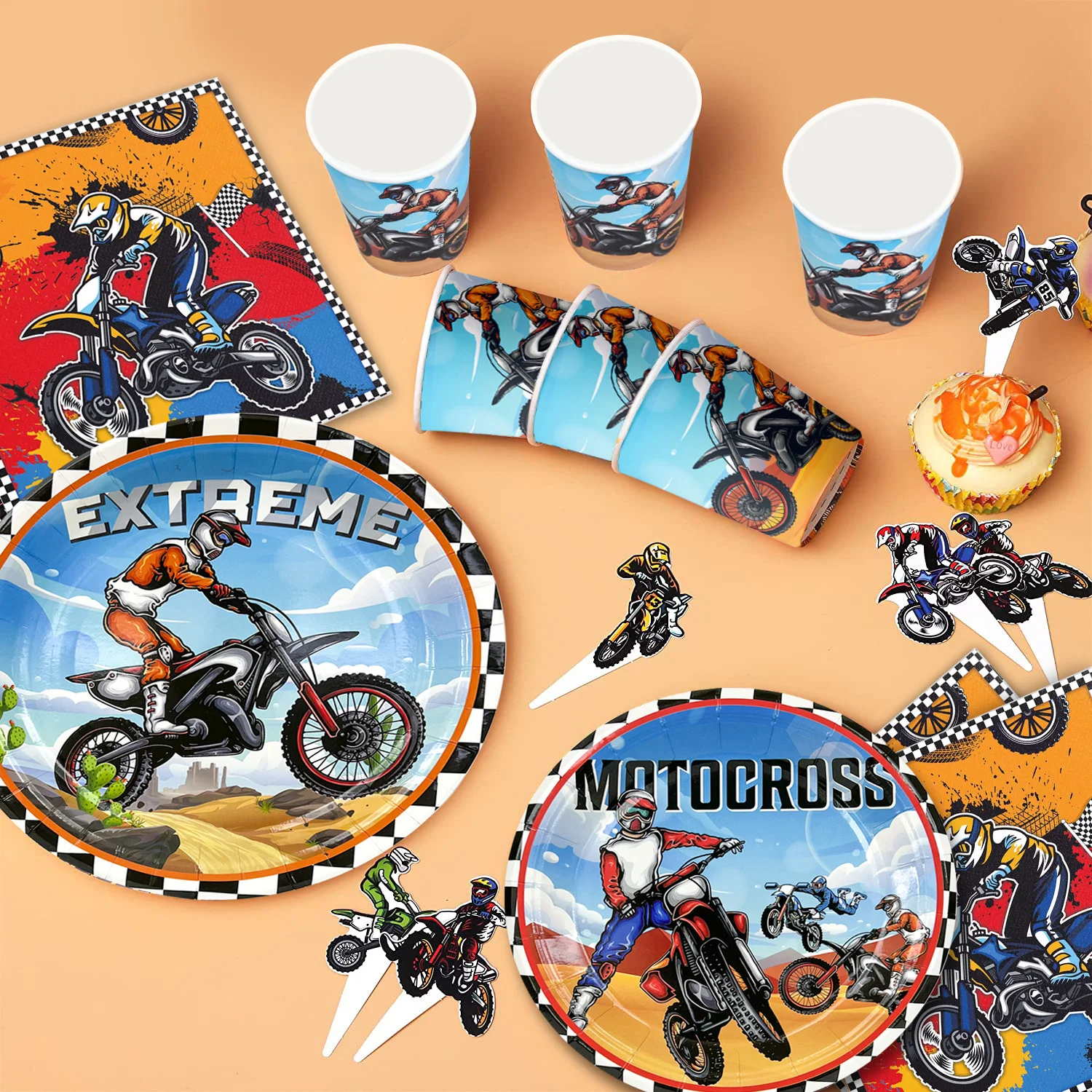 Motorcycle Birthday Supplies,98pcs Decorations&Motorcycle Theme Party Tableware Set-Dirt Bike Party Plates and Napkins Cups etc