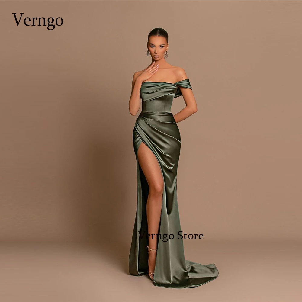 

Verngo Sexy Off the Shoulder Army Green Satin Long Party Dresses Mermaid Evening Gowns High Split Prom Dress vestido de noche