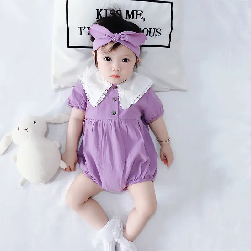 New Cute Bubble Sleeve Solid Color Rompers Shirt Collar Jersey with Hair Accessories Set for 0-1 Years Old Unisex Baby Clothes