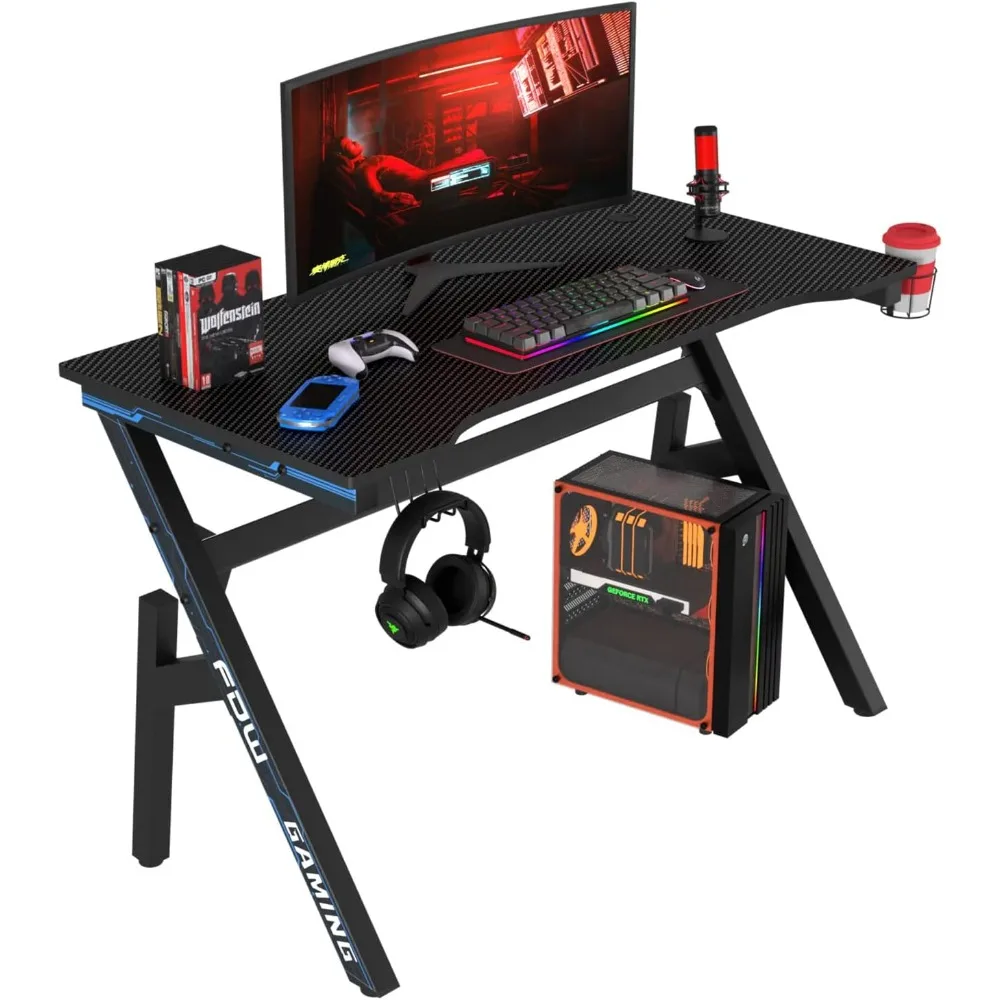 

Gaming Desk Home Office Desk Extra Large Modern Ergonomic PC Carbon Fiber Table Gamer Workstation with Cup Holder Headphone Hook