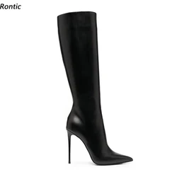 Rontic Handmade Women Winter Knee Boots Stiletto Heels Pointed Toe Black Party Shoes US Size 5-15