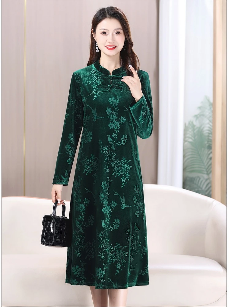 

Velvet Long Sve Qipao Dr Pure Color Faionable Mid-aged Women's Clothing V-ne Midi Dr Polyester Fiber Casual Wear