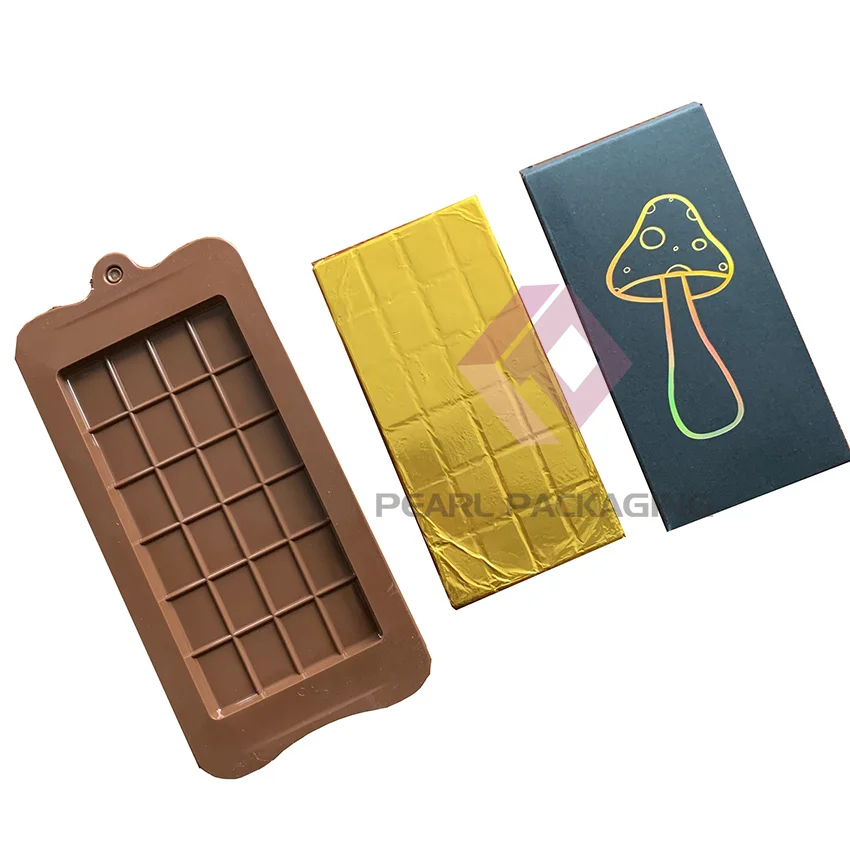 

Gold Foil Wrappers with Holographic Mushroom Chocolate Packaging Boxes Reusable Mold