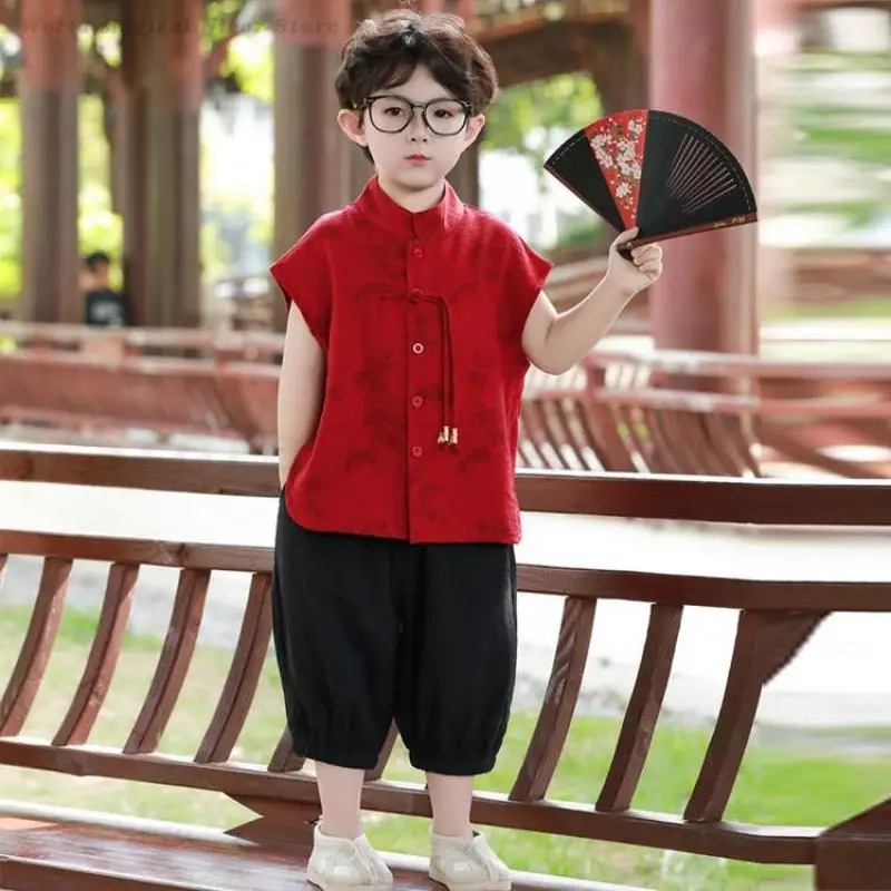 Chidren Chinese Clothing Set Casual Boys Summer Chinese Style Sleeveless Shirt Shorts 2PCS Tang Suit Kids Boys Red Retro Hanfu