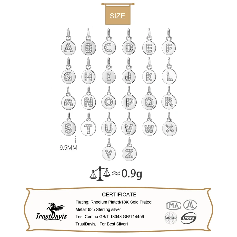 Trustdavis Real 925 Sterling Silver Simple Round 26 Letter CZ Pendant DIY Accessories For Women Wedding Fine Jewelry DG0114