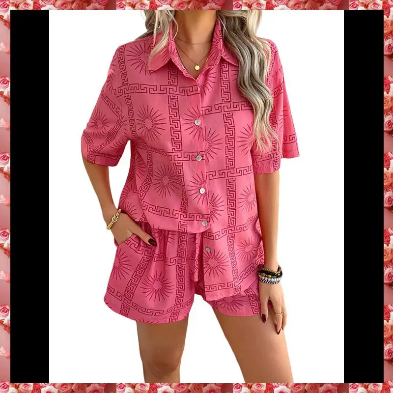 Women's Soft Summer Floral Tropical Print V Neck Tee Short Sleeve Button Top Shorts 2 Piece Sets