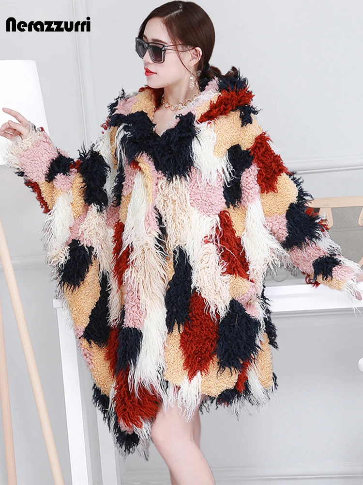 Nerazzurri Oversized Winter Long Asymmetrical Colorful Fluffy Faux fur Coat Women Shaggy Mongolian Sheep Fur Korean Fashion 2021
