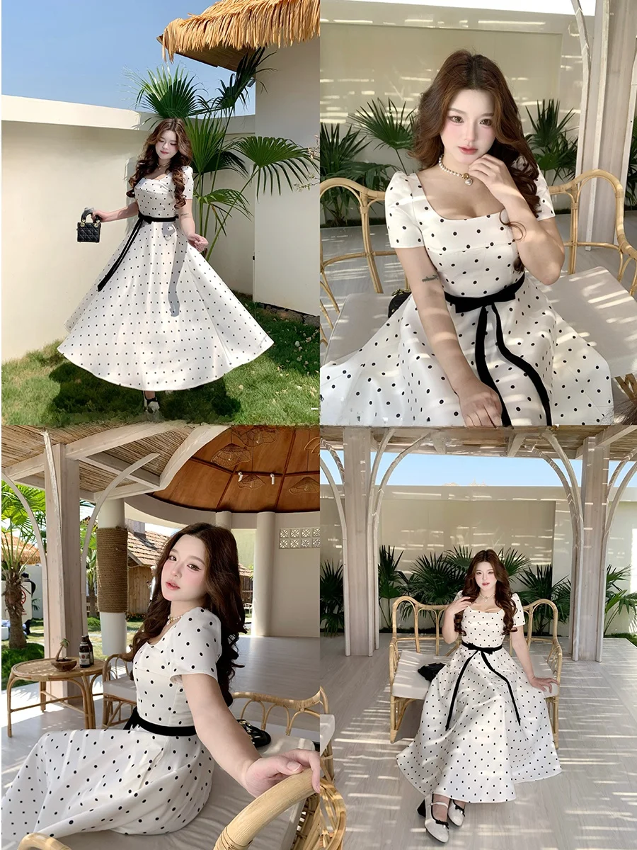 

French Style Sweet Polka Dot Square Collar A-Line Dress plus Size Women Elegant Waist-Cinching Skirt Short Sleeve Zipper Back