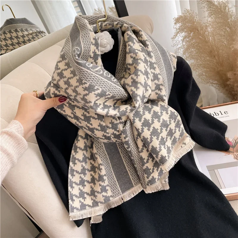 

New Internet celebrity thousand bird grid scarf women's winter Korean version imitation cashmere fringed warm scarf