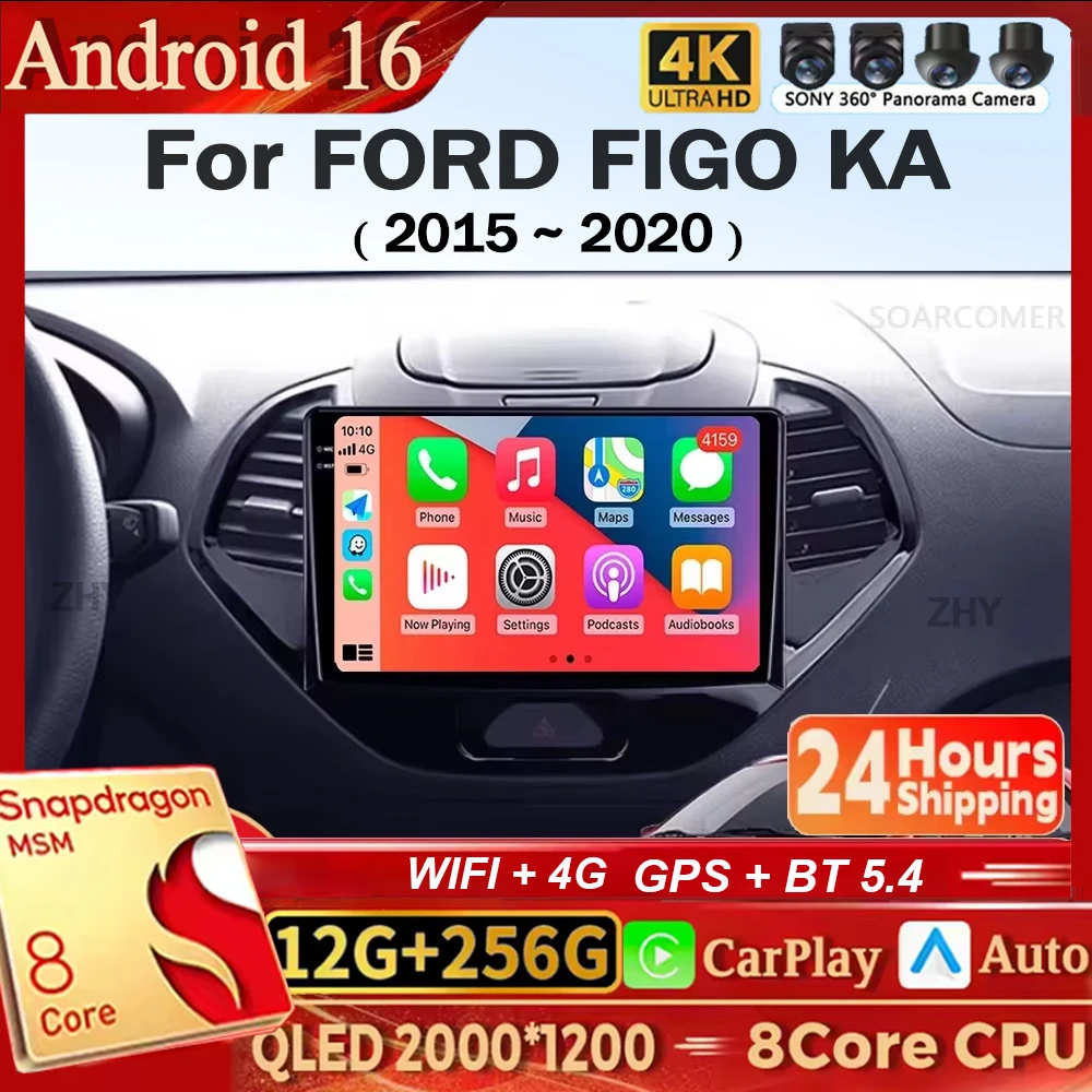 Radio de coche inalámbrica Carplay Auto Android 15 para FORD FIGO KA 2015 2016 2017 2018 2019 2020 reproductor Multimedia Bluetooth automotriz