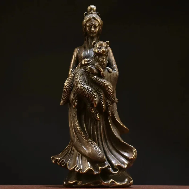 All-copper statue of -tailed female spirit empress, true image of the nine-goddess Daji, fox figurine for home w