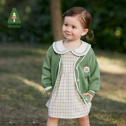 Amila Baby Girl Clothing Set 2023 Spring New Long Sleeves Cardigan Turn-down Collar Plaid Dress Kids Sweet Casual Suit 0-6 Years