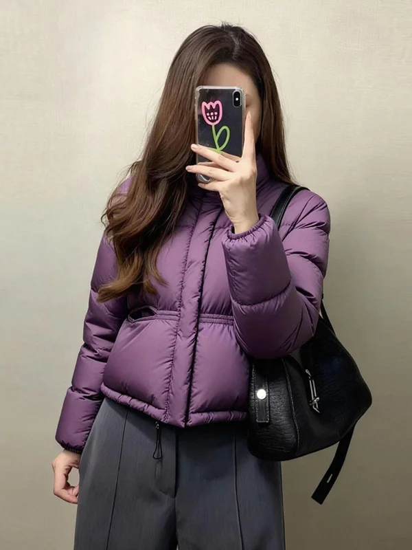 

Fashionable Purple Short Thickened Cotton Jacket Women's Winter New Style High Neck Warm Outerwear Korean Loose Fit Zipper