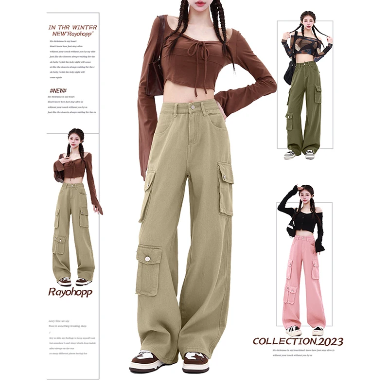 

WCFCX STUDIO American Vintage Streetwear Cargo Pants Casual Loose Jeans Fashion High Waisted Wide Leg Denim Pants Women