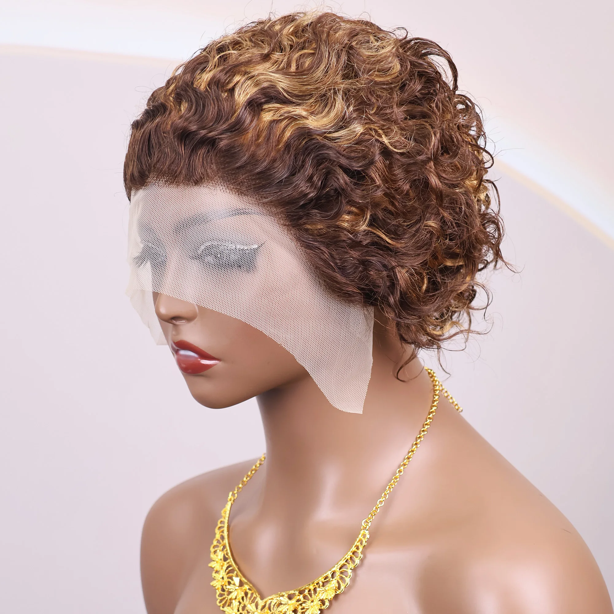 Hightlght Curly Pixie Cut Wig 4/27 Honey Blonde Short Curly Lace Front Human Hair Wigs 13x1 Water Wave Bob Wigs Human Hair 100%