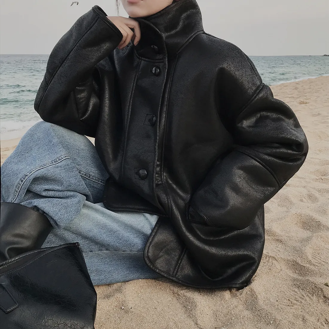 Korean Chic Retro Stand Collar Suede Jacket Women Loose Versatile Silhouette Single Button Jacket Youth Regular Length Polyes...