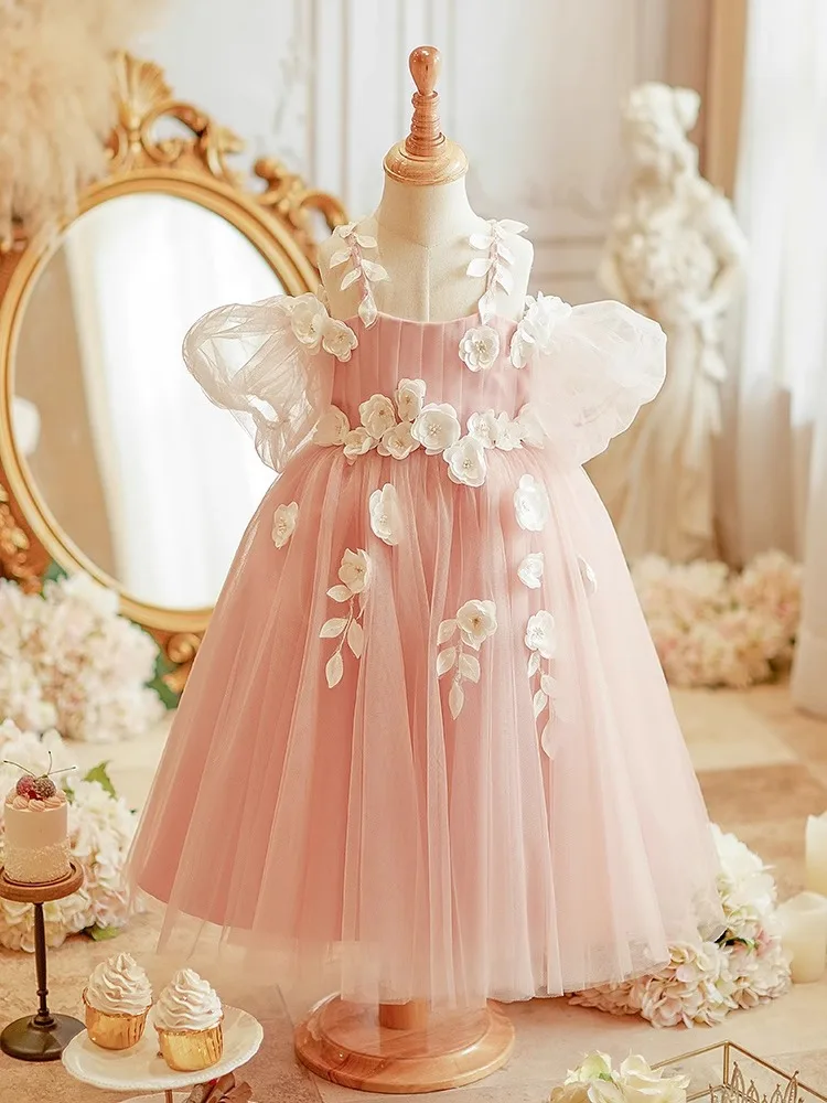 

Pink Flower Girl Wedding Dress Girls Princess Party Gown Child Birthday Celebration Kids Clothes Pageant Host Performance Piano